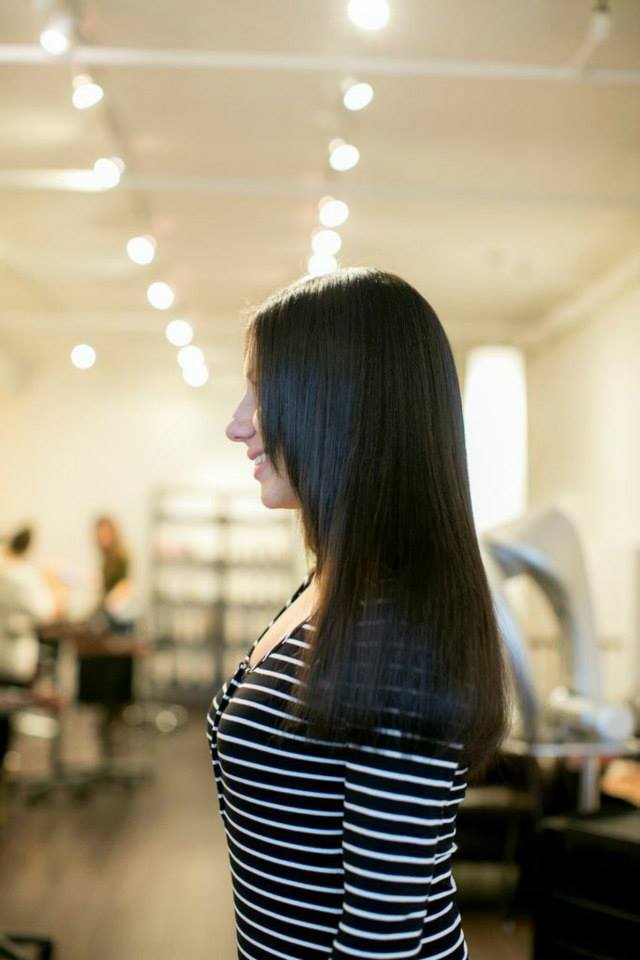 After K tip extensions: brunette hair, side view · facing left
