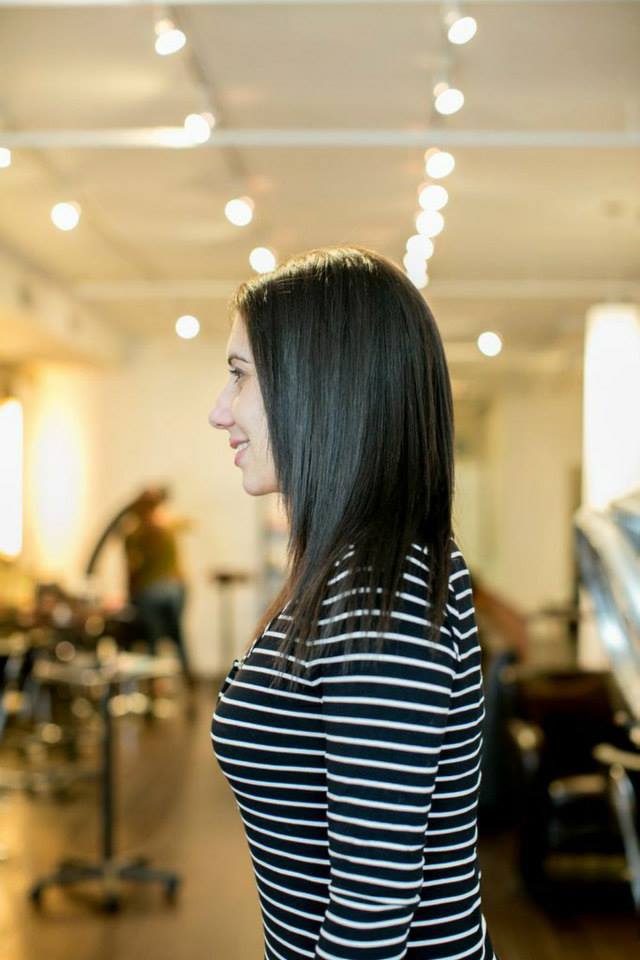 Before K tip extensions: brunette hair, side view · facing left