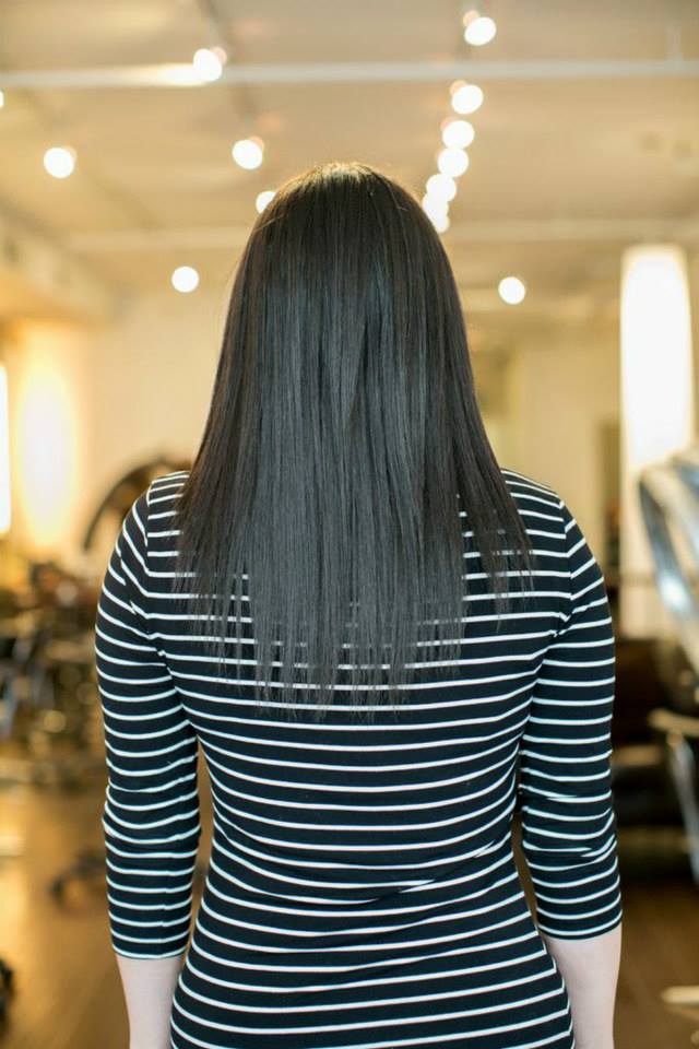 Before K tip extensions: brunette hair, back view